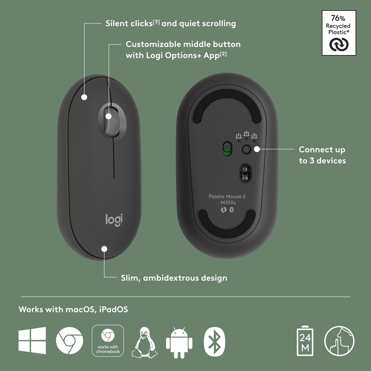 Logitech Pebble Mouse 2 M350s Slim Bluetooth Wireless Mouse (2 Year Warranty, Parallel Import)