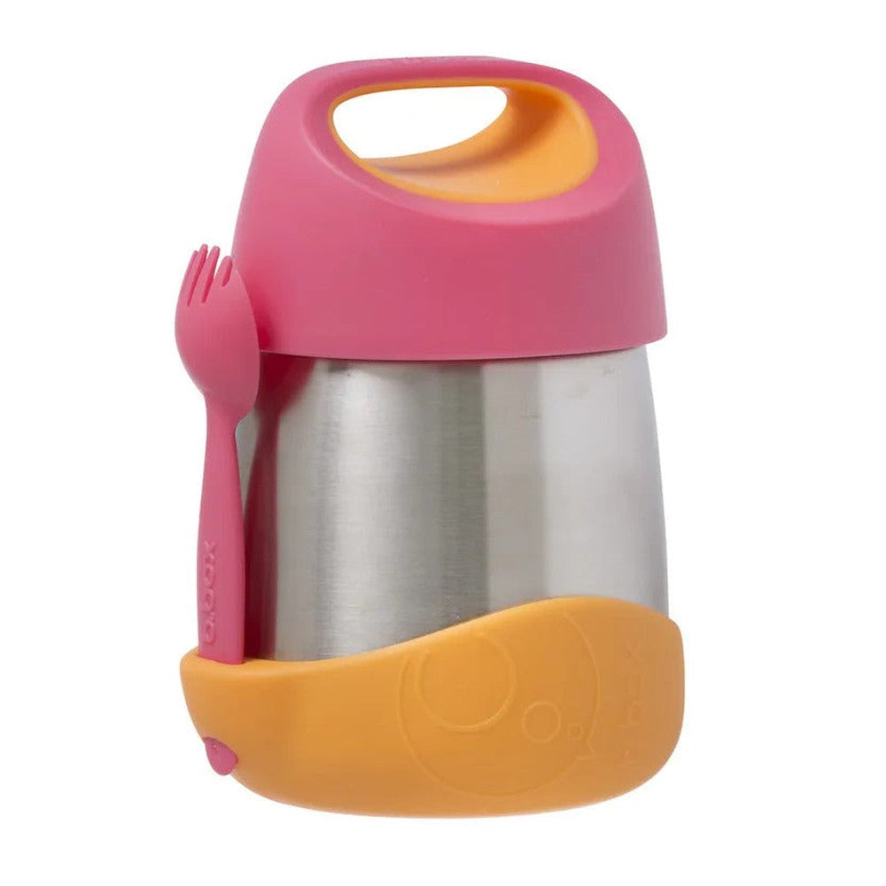 B.Box 335ml insulated stainless steel food jar in Strawberry Shake pink, featuring removable handles and a tucked-away spork.