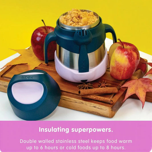 B.Box 335ml insulated stainless steel food jar in Strawberry Shake pink, featuring removable handles and a tucked-away spork.