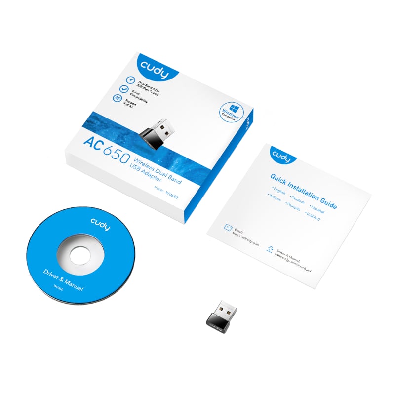Stay connected with the Cudy WU650 650Mbps Wi-Fi Dual Band USB Adapter. Designed for efficiency and performance, this compact-sized Wi-Fi adapter is lightweight, sleek and portable. It features a USB 2.0 connection and comes with the latest Wi-Fi standard – 802.11ac. This allows the Cudy WU650 to run applications at triple the speed of the 802.11n devices.
It also comes with selectable dual-band technology, giving you access to 2.4GHz and 5Ghz network bands. The 2.4GHz band provides extremely long-range pe