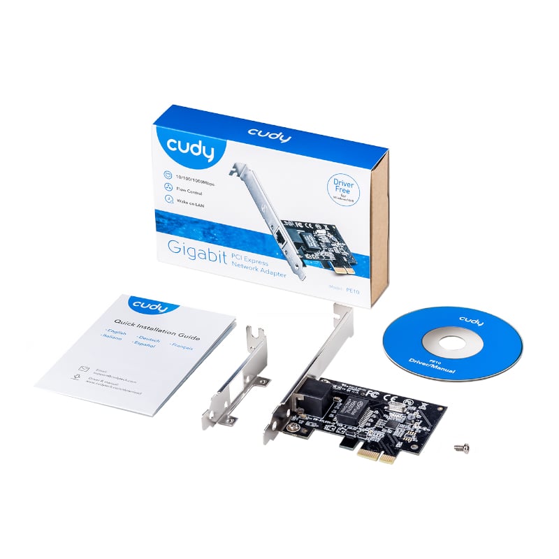 Expand or upgrade your ethernet network with the Cudy PE10 Gigabit PCI Express Network Adapter. It features a super-fast 10/100/1000 Mbps ethernet port for a stable and fast connection. It connects easily to your PC motherboard via a PCIe x1 connector and is compatible with Windows, Linux and macOS. It comes with dual brackets making it compatible with mini and standard sized PC chassis. Perfect for web chat, fast download video streaming, online gaming and internet calling, the Cudy PE10 is very versatile