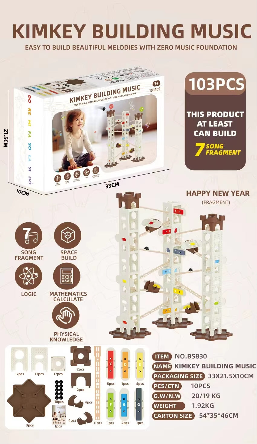 Kids-Up 103 Piece STEM Marble Run Set Featuring Music Pillars & Maze Track