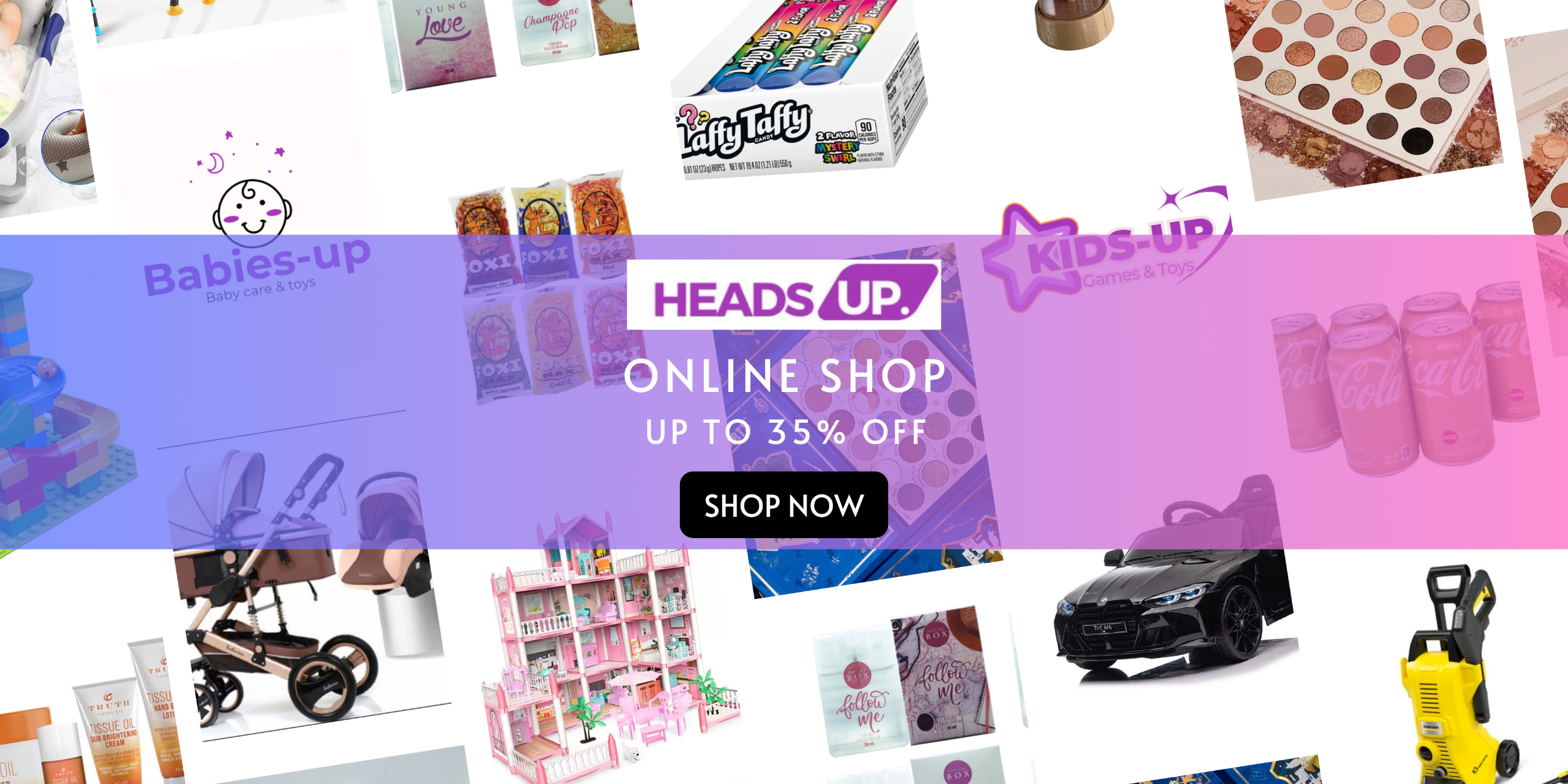 Promotional banner for an online shop with various products and a 'Heads Up' logo.