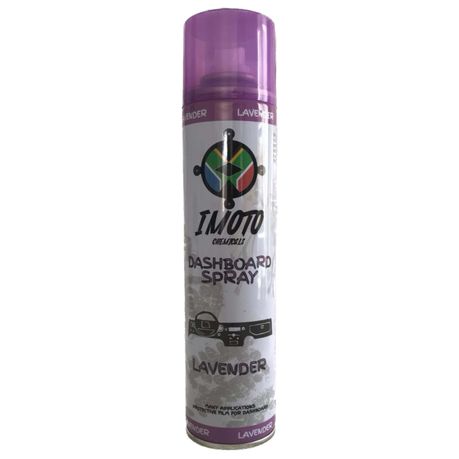 Imoto-Dash-Board-Spray-Lavender-300ml_products_south_africa
Fragrance provides a pleasant odour
Dashboard wax is the perfect spray wax for leather, plastic & rubber.
It also prevents the dust build-up produced by static electricity
best results apply circular motion