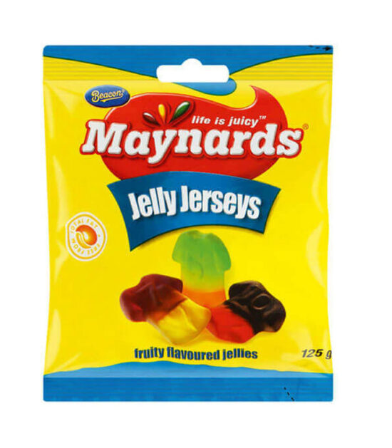 A package of Maynards Fruit Flavoured Players Jerseys, featuring jersey-shaped gummy candies in assorted fruit flavors.