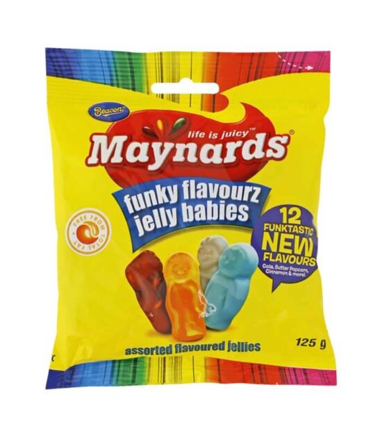 Maynards Funky Flavour Babies 60g
Maynards Funky Flavourz are delightful jelly babies made with real fruit juice, offering an assortment of tantalizing fruity flavors. Packaged in a convenient 60g size, they're perfect for on-the-go enjoyment. Please note, these sweets are manufactured in a facility that handles peanuts and cow's milk, which may pose a risk for individuals with allergies to these substances.
