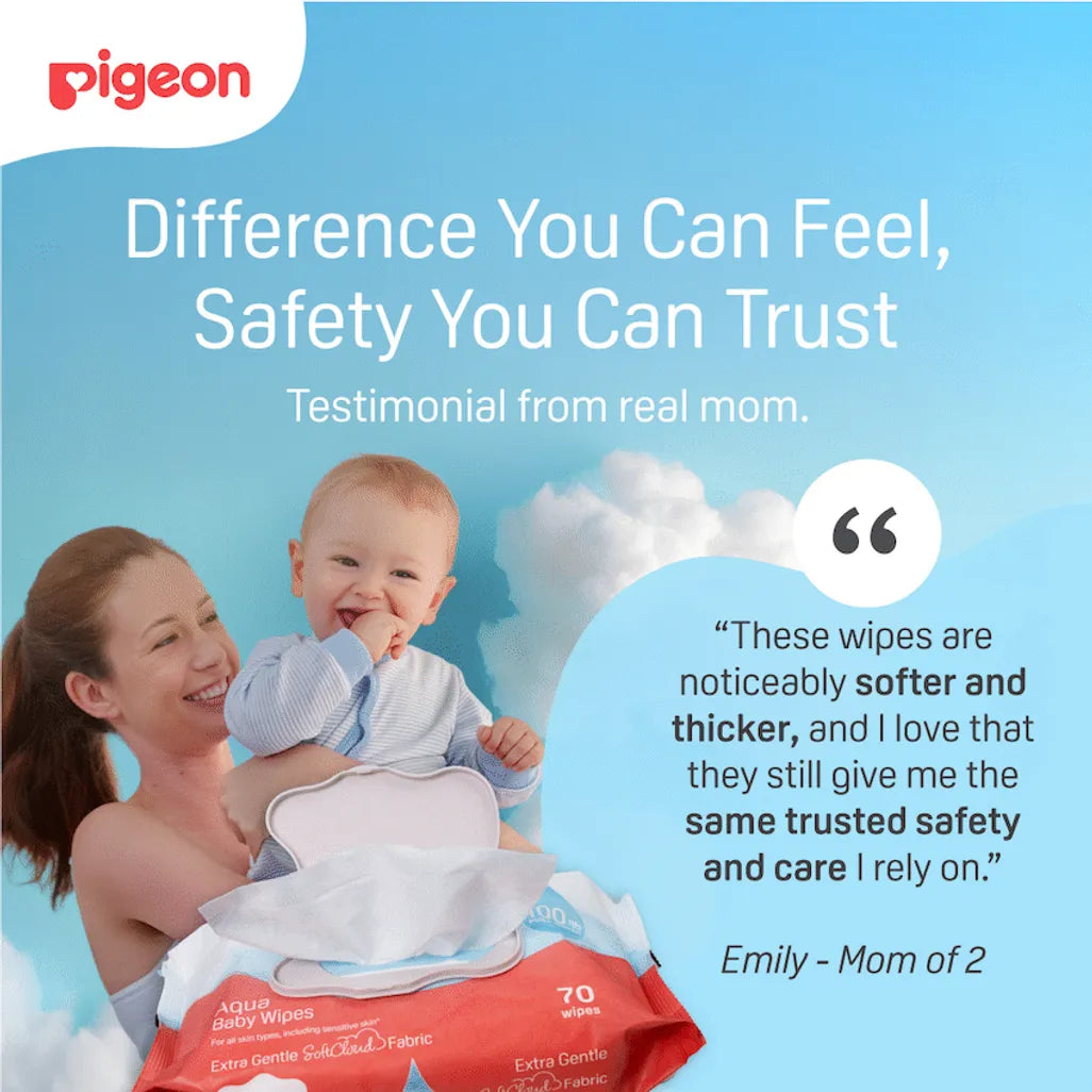 Pigeon Aqua Baby Wipes (70 Pack) | 100% Pure Water & Alcohol-Free | Flip-Top Lid
Ensure your little one stays fresh and comfortable with Pigeon Aqua Baby Wipes. Specially formulated for newborns and those with sensitive skin, these wipes provide the ultimate gentle touch for diaper changes, messy mealtimes, and on-the-go clean-ups.
Pure Protection for Sensitive Skin