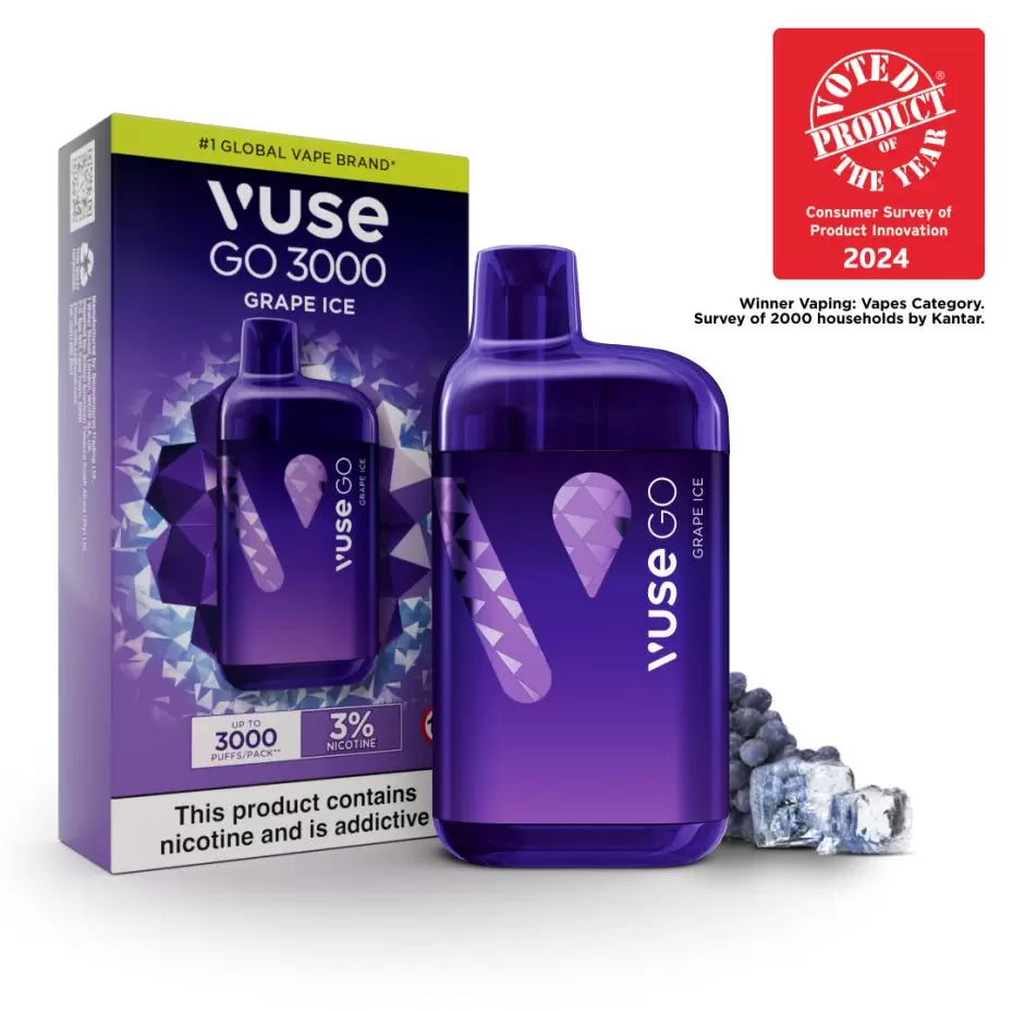 VUSE GO 3000 Puffs GRAPE ICE Disposable Vape 3%
Go deep with dark and intense purple grape flavour with an icy cool twist, for up to 3000* puffs of flavour.
*Based on laboratory testing of newly manufactured product and may vary depending on individuals usage behaviour.