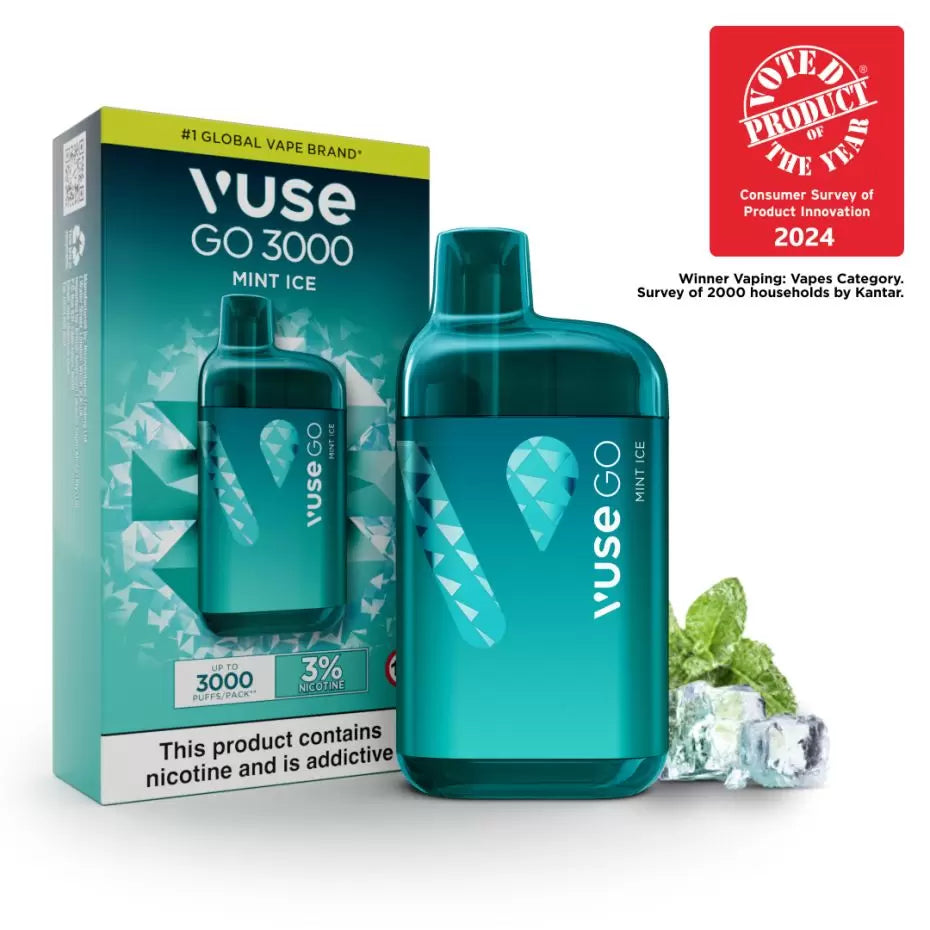 VUSE GO 3000 Puffs MINT ICE Disposable Vape 3%
Stay fresh, enjoy the classic peppermint flavour with an icy cool twist, and go for up to 3000* puffs.
*Based on laboratory testing of newly manufactured product and may vary depending on individuals usage behaviour.