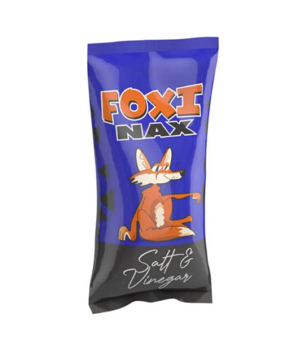 Foxi Nax Salt and Vinegar Maize Chips wholesale box of 40 showing forty seventy-five gram bags neatly stacked
