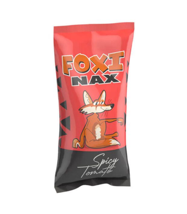 Foxi Nax Spicy Tomato Maize Chips wholesale box of 40 showing forty seventy-five gram bags neatly stacked