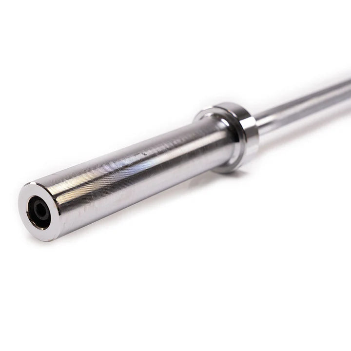 Close-up of the chrome finish on the Powercore home Olympic bar