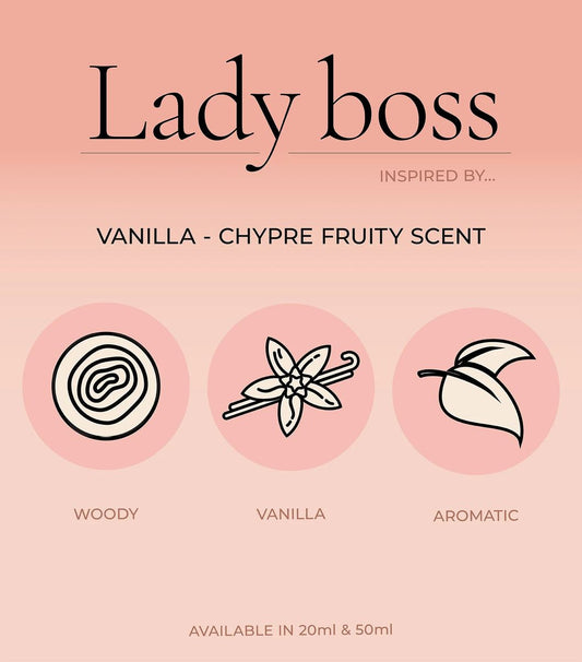 Infographic highlighting blackcurrant freesia rose and vanilla notes for the Lady Boss 4 pack perfume set