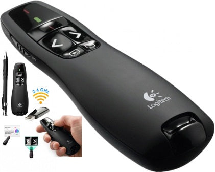 Logitech R400 presenter held comfortably in hand showing ergonomic grip