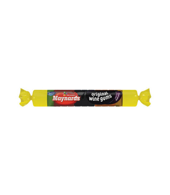 A box of Maynards Wine Gum Rolls, featuring multiple candy rolls visible inside a yellow and red packaging.