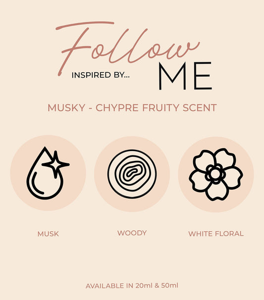 Infographic displaying Perfume Box Follow Me notes of bright fruits and soft woods
