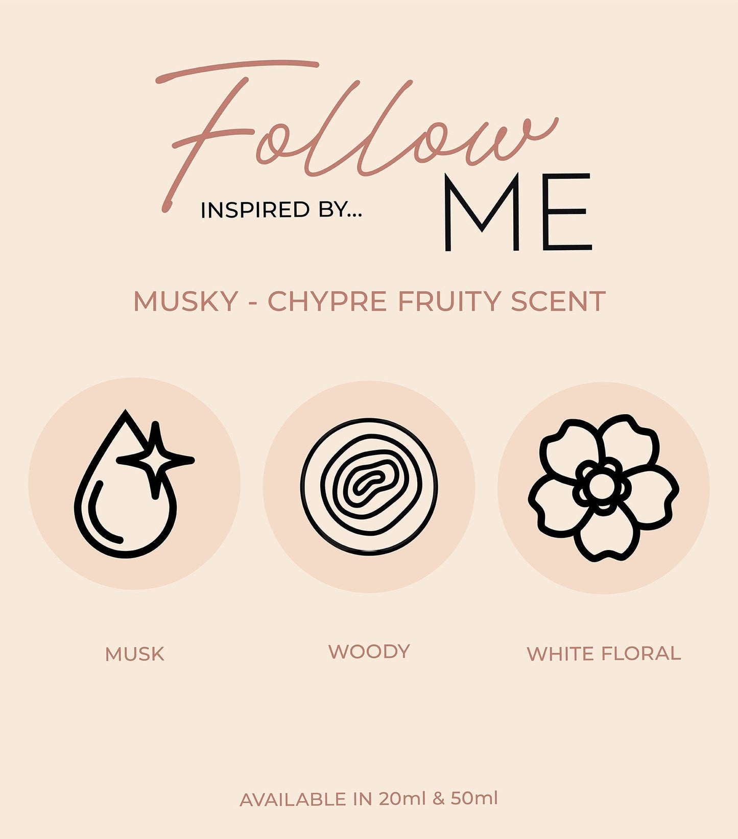 Infographic displaying Perfume Box Follow Me notes of bright fruits and soft woods