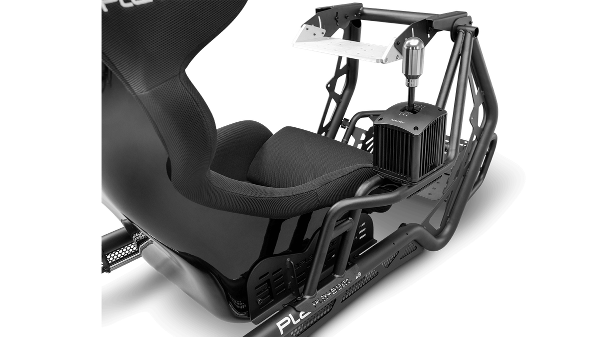 Side 45 degree angle view of Playseat Sensation PRO stainless steel right sim platform