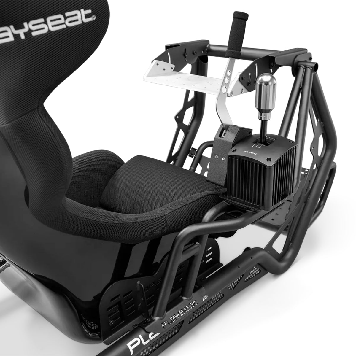 Close-up view of pre-drilled shifter and handbrake mounting plate on right sim platform