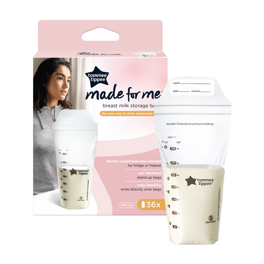 Pouring milk into a self-standing Tommee Tippee milk storage bag