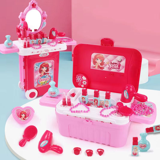 The Kids-Up play set fully assembled into a tabletop vanity station filled with plastic toy accessories