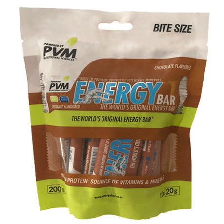 PVM Bite Size Chocolate Energy Bars multi-pack box of 10 showing ten mini twenty gram wrappers arranged neatly