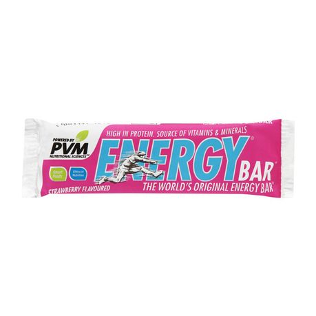 PVM Strawberry Energy Bars 45g bulk box of 20 individual retail packs front view