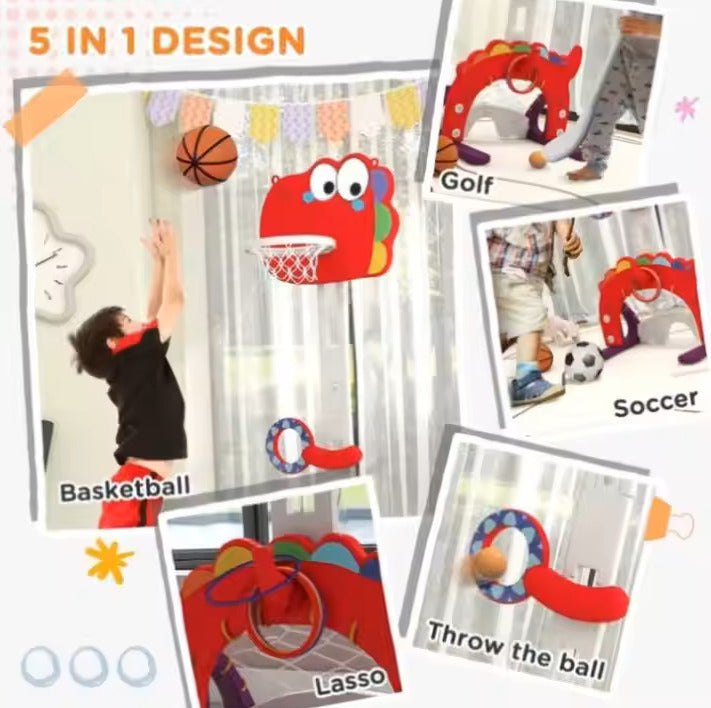 Kids-Up 5 in 1 Basketball Stand Sports Toy With Soccer/Golf/Ring Toss Hoop