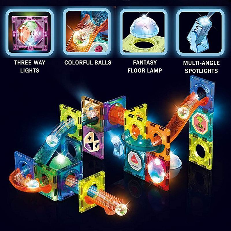 Kids-Up LED Magnetic Building Blocks Light Up 3D Pipes Marble Run 86 Pieces