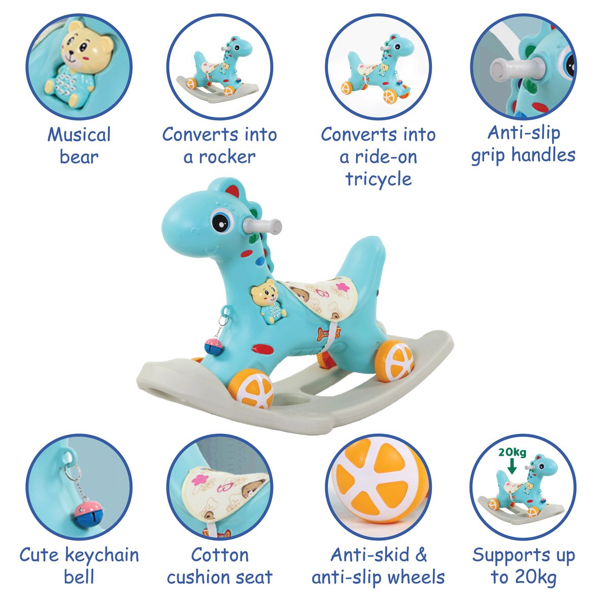 Babies-Up 6-in-1 Rocking Horse with Music Delight for Kids Age 1-2yrs