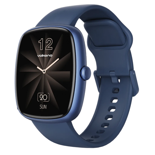 Side 45 degree angle view of blue Volkano Elevate smartwatch showing physical buttons