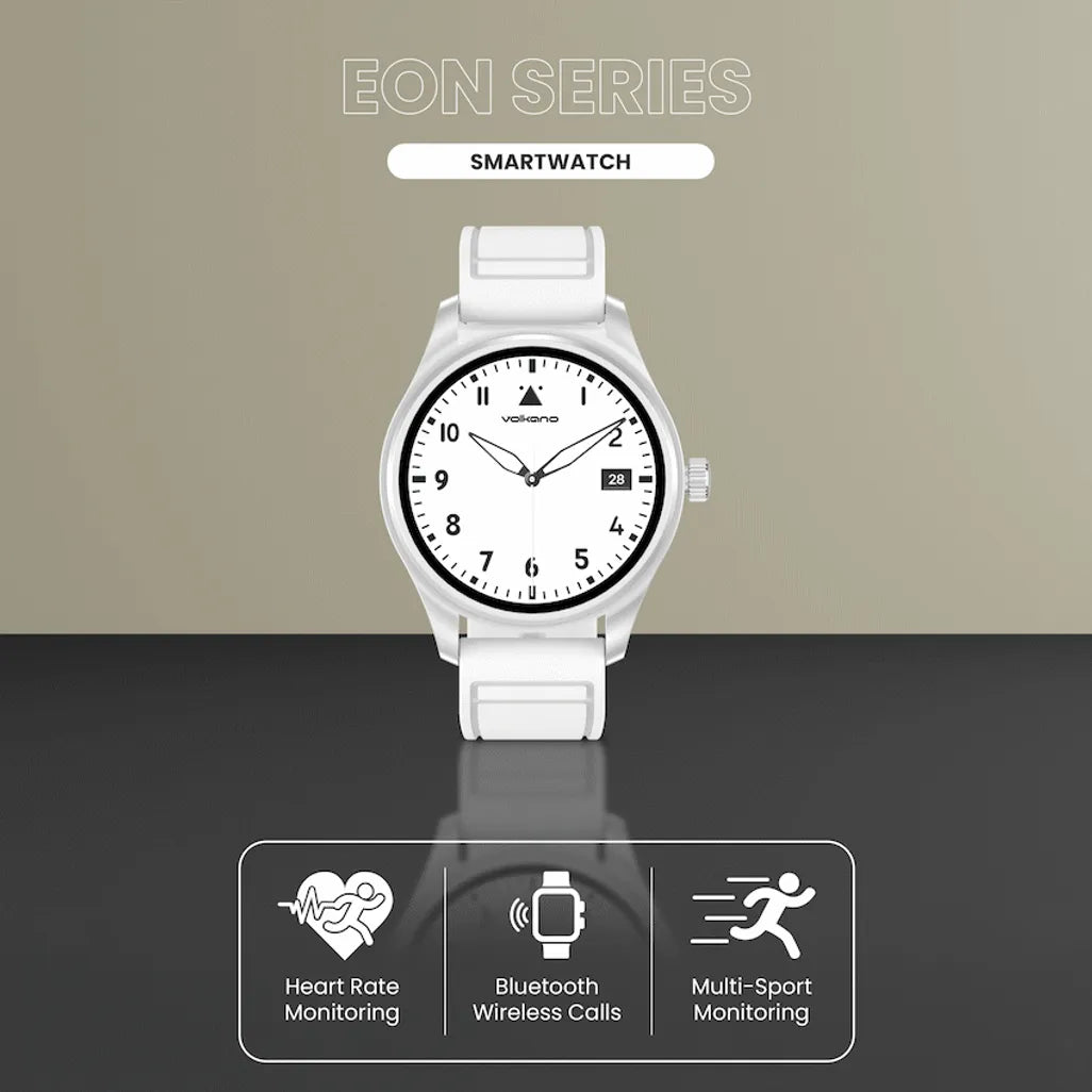Close-up view of 466 x 466 resolution 1.32 inch AMOLED display on white Volkano Eon watch