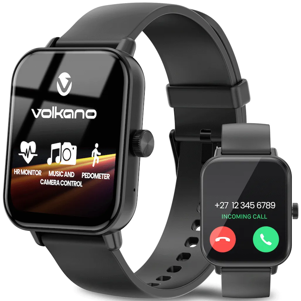 Close-up view of 1.83 inch full touch display on black Volkano Essense smartwatch