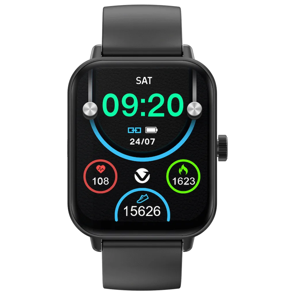 Side 45 degree angle view of black Volkano Essense smartwatch displaying sleek casing