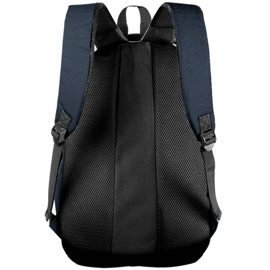 Side angle view of navy Volkano Victory laptop backpack showing front zip pocket