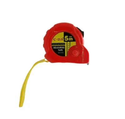 Red 5m measuring tape with yellow hook, ideal for DIY and home projects