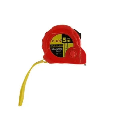 Red 5m measuring tape with yellow hook, ideal for DIY and home projects