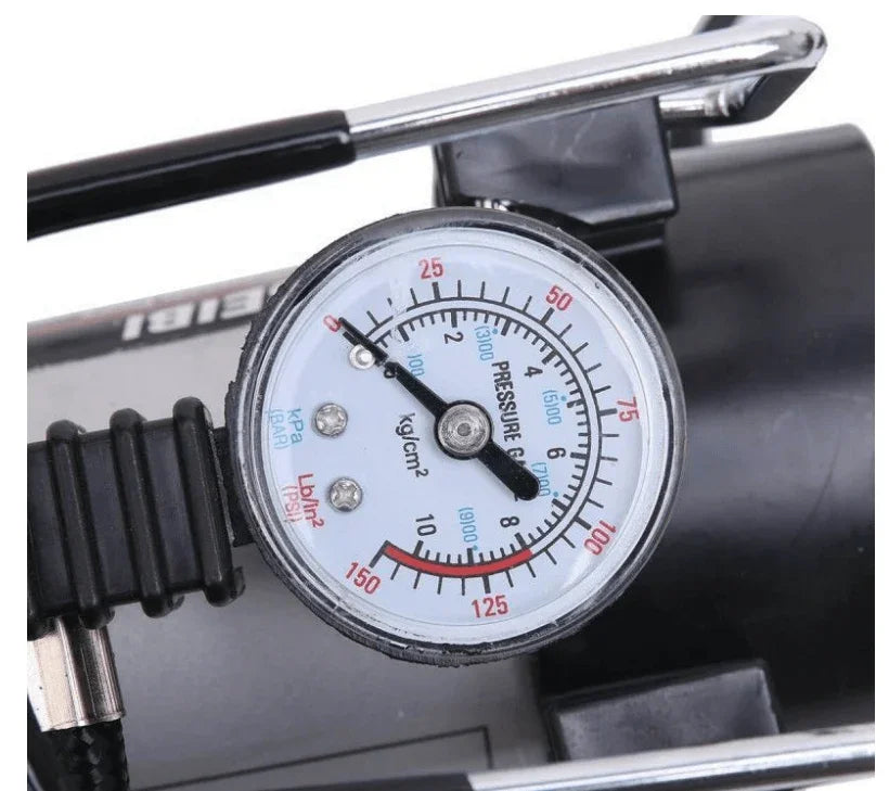 Pressure gauge on air pump with PSI, BAR, kPa readings for tire inflation tools
