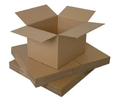 Open cardboard shipping box stacked on flat boxes, ideal for online orders and nationwide delivery