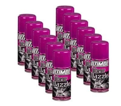 Ultimol Interior Dazzle car interior cleaner spray cans, vibrant pink bottles for auto detailing and dashboard care