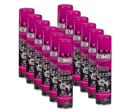 Ultimol Mirror Dazzle car care spray cans in vibrant pink, ideal for auto detailing and shine