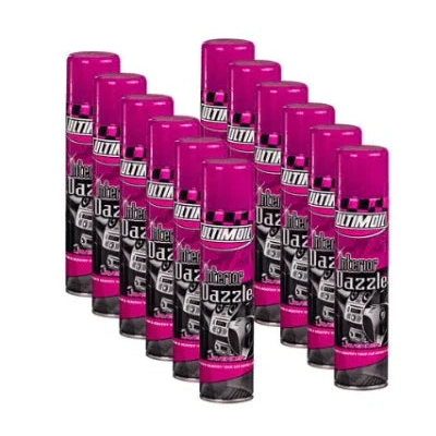 Ultimol Mirror Dazzle car care spray cans in vibrant pink, ideal for auto detailing and shine