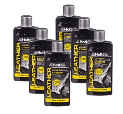 Holts Leather Conditioning Creme for car and home use, black bottles with yellow labels