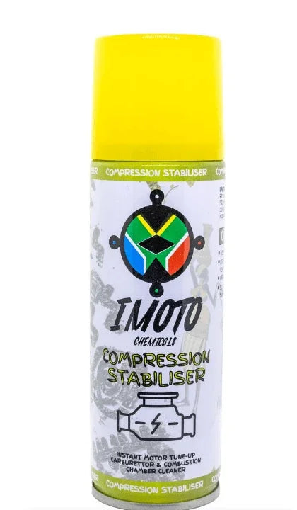 IMOTO Compression Stabiliser spray for engine tune-up and carburetor cleaning, featuring South African flag design