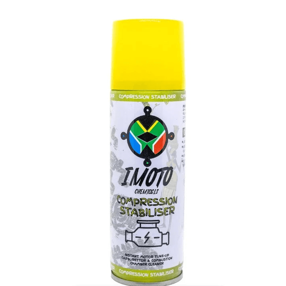 IMOTO Compression Stabiliser spray for engine tune-up and carburetor cleaning, featuring South African flag design