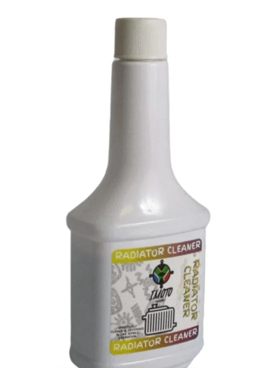 IMOTO Radiator Cleaner bottle for car cooling system maintenance, white plastic container with label