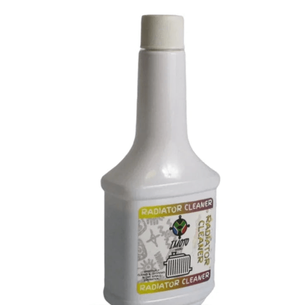 IMOTO Radiator Cleaner bottle for car cooling system maintenance, white plastic container with label