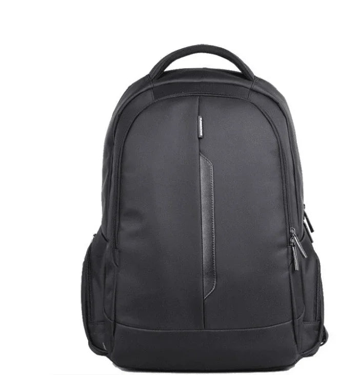 Black laptop backpack with multiple zippers and front pocket, ideal for electronics and daily commute