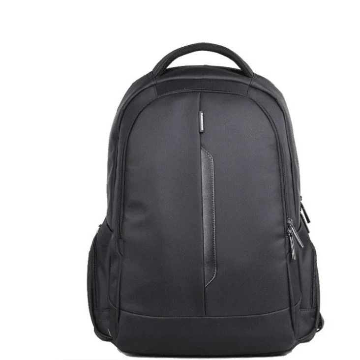 Black laptop backpack with multiple zippers and front pocket, ideal for electronics and daily commute