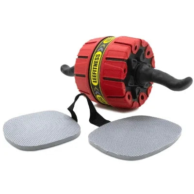 Red ab roller with knee pads for home fitness workouts